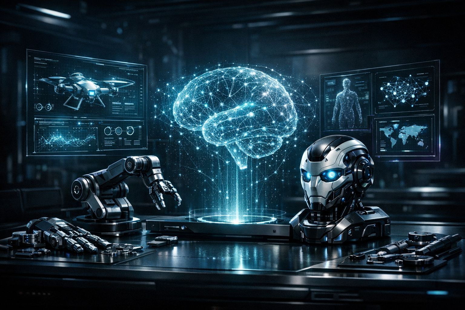 AI robotics workstation with holographic intelligence displays