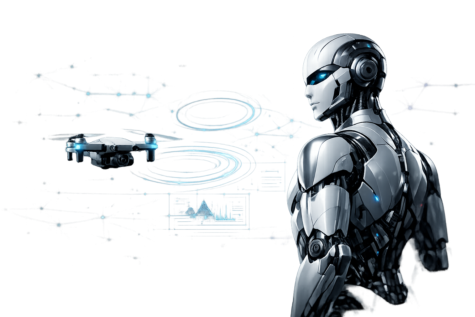 Futuristic educational robot and drone with AI holograms